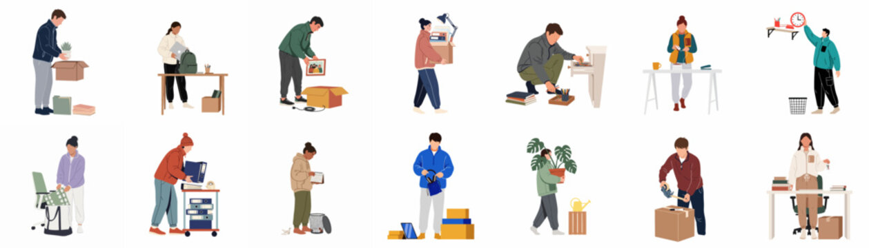 Collection of diverse office workers packing their personal belongings into boxes and bags for a workspace relocation or office move, flat vector illustration.