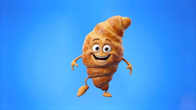 A happy 3D cartoon character shaped like a buttery golden croissant performing a fun dance routine against a bright blue studio backdrop. Perfect for bakery promos, French breakfast graphics, cafe adv