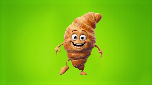 An energetic 3D animated croissant character performing a fun dance routine isolated on a bright green chroma key background. Perfect for bakery advertisements, breakfast promo videos, restaurant menu