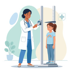 Fototapeta premium Doctor measuring child's height using stadiometer, pediatric healthcare checkup, vector illustration