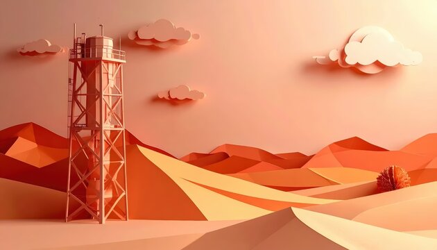Minimalist 3D render of an industrial tower in a papercut desert landscape with clouds and ample copy space for text
