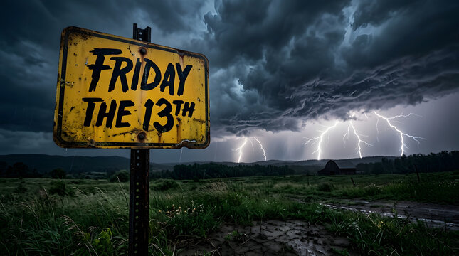 Weathered sign indicating friday the 13th under dramatic stormy sky with lightning with bolts striking background filled intense lightning 13th positioned