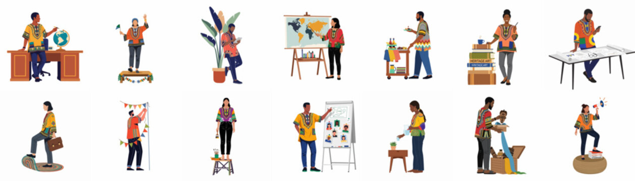 Collection of diverse African people wearing traditional dashiki attire, engaged in professional, educational, and creative activities in a modern flat vector style.