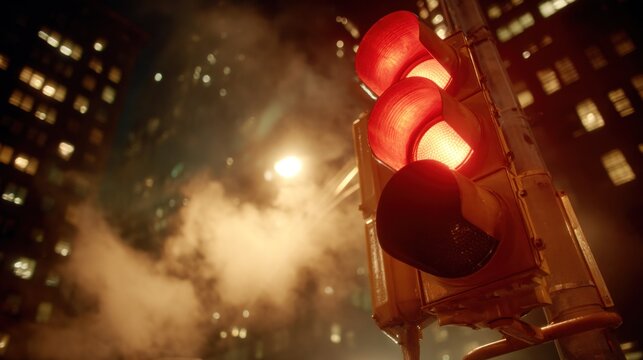Close up of a red traffic light at night with city lights background