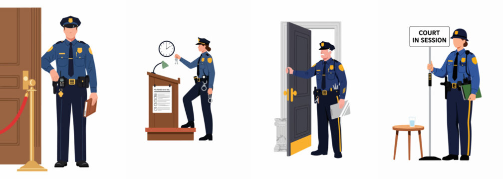 Illustration set of police officers and bailiffs performing duties in a courtroom environment, including security, door opening, and court in session notice.