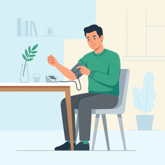 Fototapeta premium Man checking blood pressure at home, flat vector illustration of health monitoring and self-care