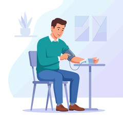 Fototapeta premium Man checking blood pressure at home or clinic, simple flat vector illustration