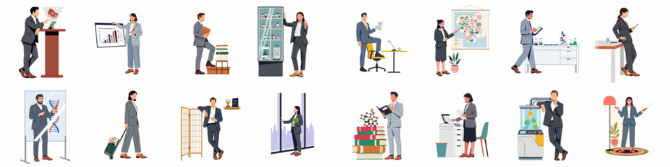 Fototapeta premium Comprehensive collection of professional illustrations featuring men and women in diverse business, scientific, and academic environments, isolated on a white background.