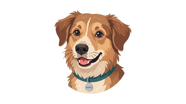 Cute brown dog vector illustration with a friendly smile, blue collar, and tag on white background