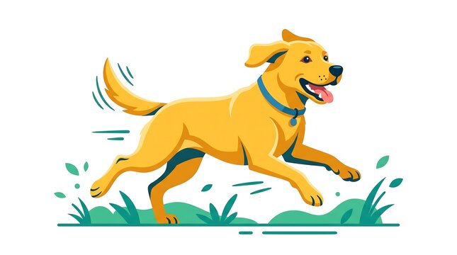 Happy Golden Retriever Running Joyfully Through Green Grass in a Vibrant Flat Vector Illustration Style