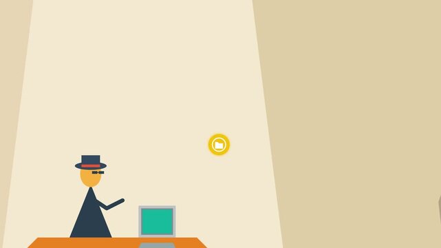 2D animation illustrating cyber security concept where a green padlock destroys a red computer virus attempting to steal a yellow data folder from a user computer