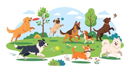 Fototapeta premium Happy Dogs Playing Together in a Park on a Sunny Day with Green Grass and Trees
