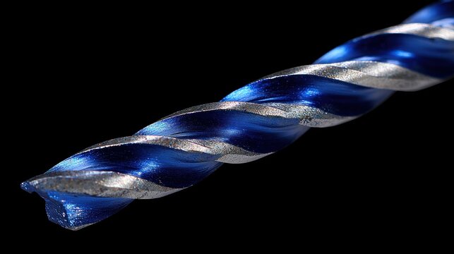 Close up of a blue and silver drill bit on a black background