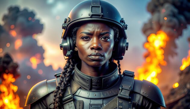 Resilient female warrior in protective gear amidst fiery desolation landscape