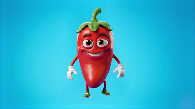 A happy 3D cartoon red hot chili pepper mascot standing with a big smile against a solid light blue backdrop. Perfect for spicy food branding, Mexican restaurant promos, hot sauce advertisements, and 
