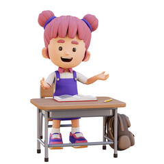 3D Cute Girl Standing and Presenting in Classroom