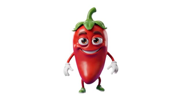 A smiling 3D cartoon red chili pepper mascot character standing confidently with white gloved hands, isolated on a clean white background. Great for spicy food promotions, Mexican restaurant menus, ho