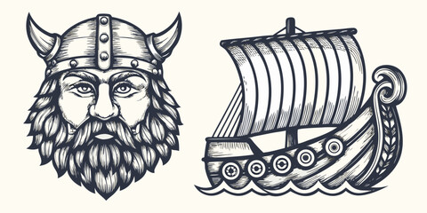 Viking warrior head and longship vintage engraving style illustration © bashanti
