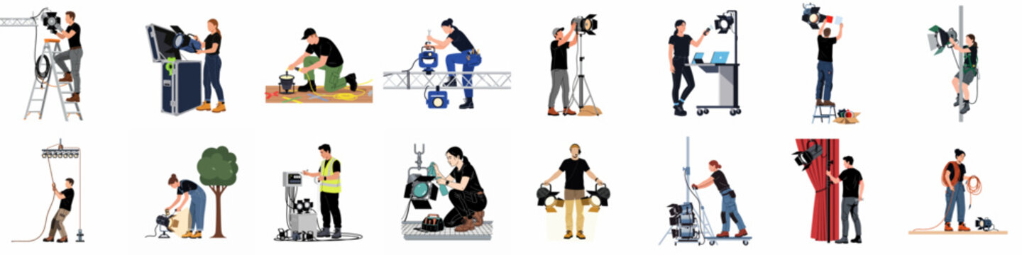 Set of flat illustrations featuring professional lighting technicians, gaffers, and stagehands working with various film and theater equipment.