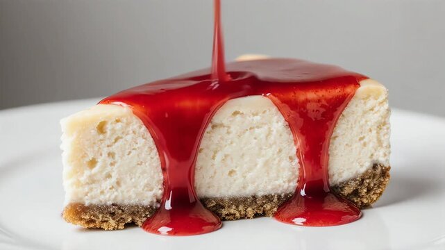  classic cheesecake slice as a thin stream of strawberry sauce slowly flows across the surface