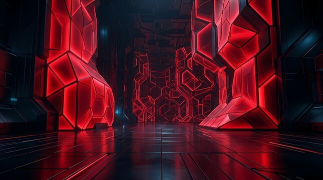 Futuristic corridor with glowing red hexagonal light structures in a dark sci-fi environment.