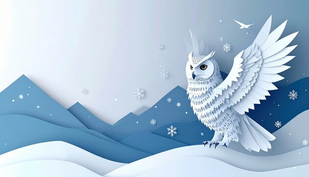 Snowy Owl Paper Cut Illustration in Winter Landscape with Blue Mountains, Snowflakes, and Ample Copy Space for Text