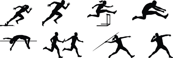 Fototapeta premium Athlete Silhouette Vector Set Depicting Track And Field Running Jumping And Throwing Events