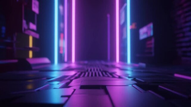 Blurred Cyberpunk Gaming Room Background with Purple and Blue Neon Lights