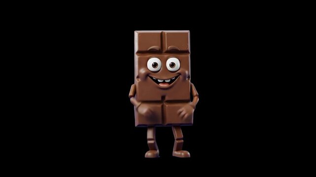 A detailed 3D animated character made of individual chocolate segments, forming a smiling face with large eyes. The chocolate character performs a cute, synchronized dance move, isolated against a dee
