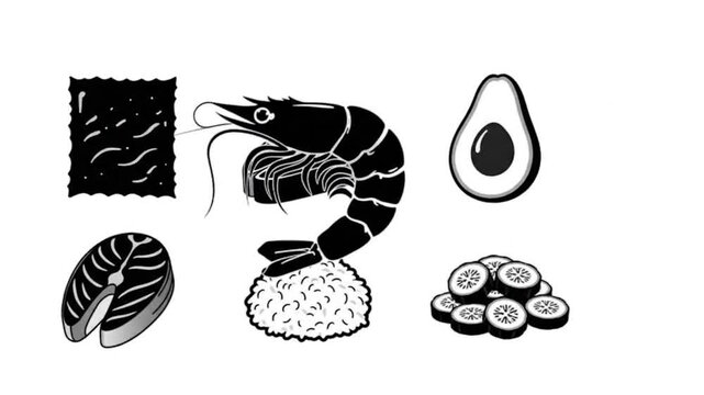 Black salmon steak and mussel shell silhouette vector icons.