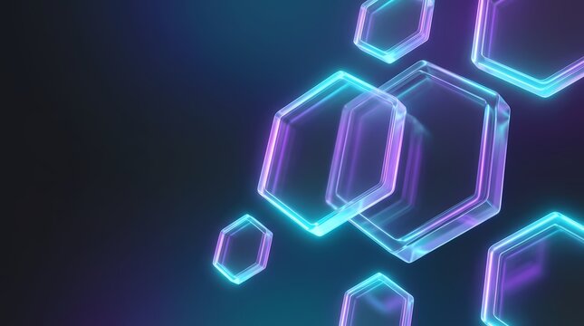Abstract glowing hexagonal shapes with neon blue and purple light on dark background.