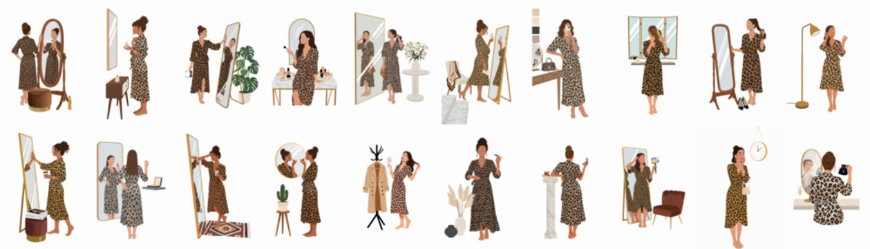 A collection of flat vector illustrations featuring a woman in a leopard print dress getting ready in front of various mirrors and vanities.