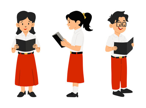 A collection of cartoon student illustrations featuring boys and girls in red and white uniform reading papers, documents, and scripts while standing.