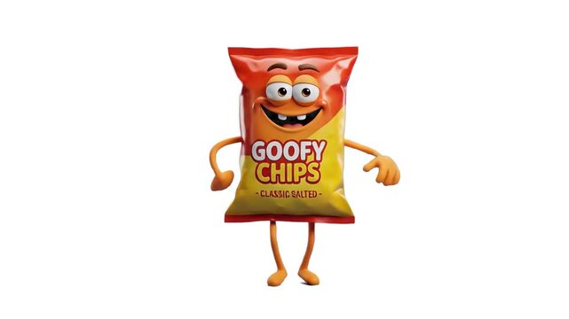 A happy 3D character modeled as a red and yellow snack bag of Goofy Chips dancing joyfully on a clean white background. Ideal for snack packaging graphics, fast food promos, vending machine branding, 
