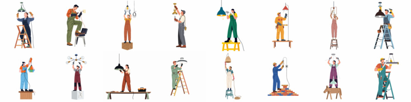 Collection of male and female electricians installing, fixing, and maintaining various light fixtures and ceiling lamps, flat vector illustrations on white background.