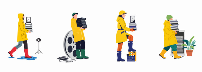 Naklejka premium Flat vector illustration of film crew members in yellow raincoats carrying hard drives and tapes for data archiving and movie production.