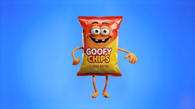 A playful 3D animated snack bag character dances cheerfully against a bright blue studio background. Excellent for junk food commercials, snack packaging intros, and party food promotions.