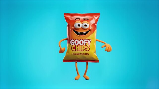 A happy 3D cartoon potato chip packet mascot named Goofy Chips dancing enthusiastically on a bright cyan backdrop. Perfect for snack food branding, fast food commercials, potato crisp packaging promos