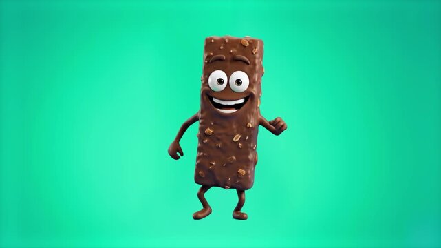 A happy 3D animated chocolate bar mascot with nuts stands smiling on a vibrant cyan teal backdrop. Perfect for food brand marketing, social media ad campaigns, and sweet snack graphics.