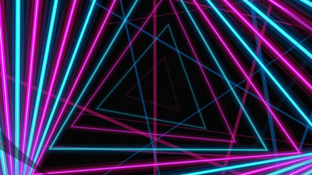Abstract Motion Graphics of neon pink and blue triangles forming a figure eight loop background.