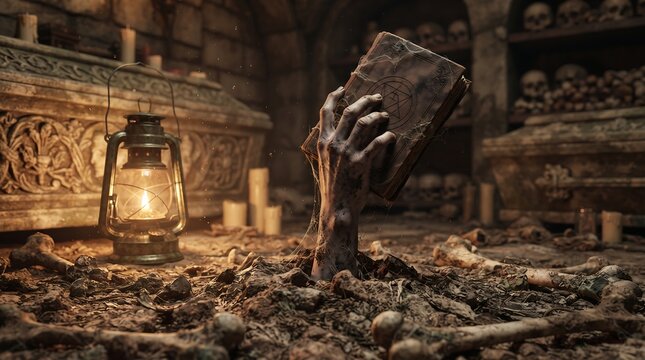 Zombie Hand Holding Occult Book in Dark Tomb