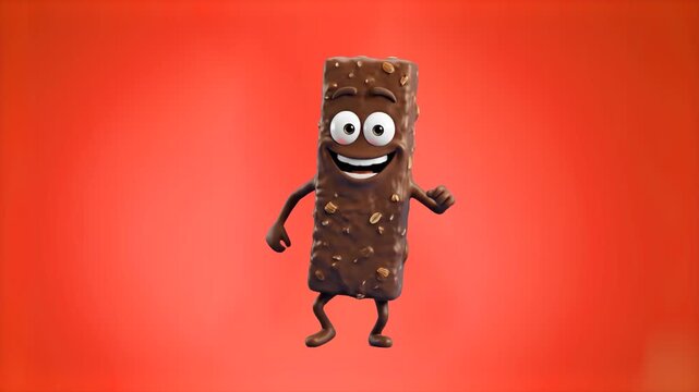 A friendly 3D chocolate candy bar mascot character with a wide happy smile dancing isolated on a vibrant orange background. Great for chocolate brand marketing, candy shop promos, sweet snack packagin