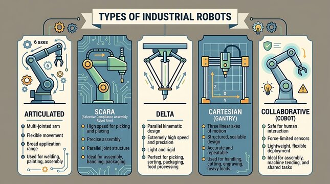 Infographic showing different types of industrial robotic arms