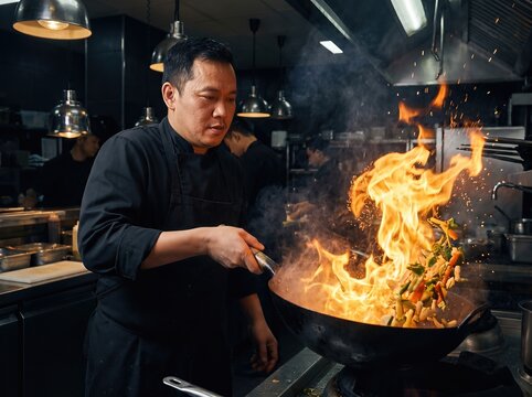 Professional male chef tossing vegetables in blazing flaming wok in dark restaurant kitchen