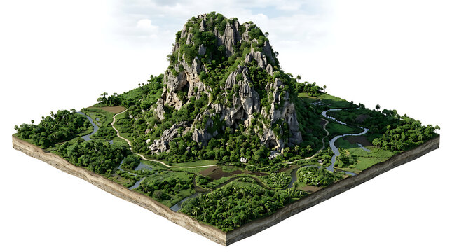 Isometric 3D green mountain landscape illustration isolated on white background