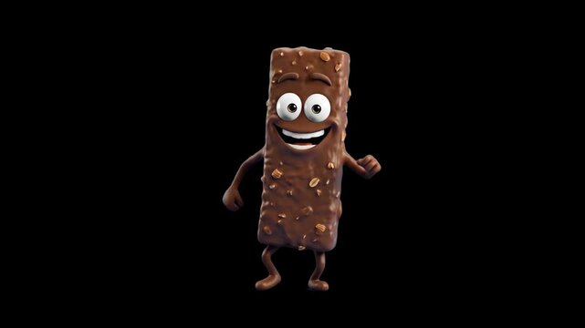A friendly 3D animated chocolate bar character with nuts dances joyfully against a dark black background. Suited for snack food marketing, dessert promotions, and video intros.