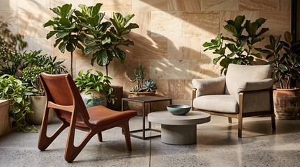 Fototapeta premium Modern Patio Interior Design with Wooden Chair and Potted Plants