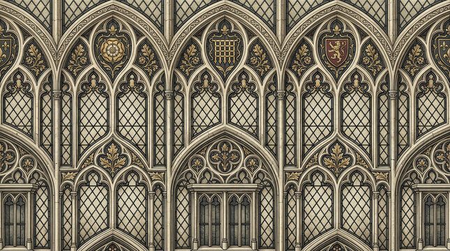 Gothic window tracery with heraldic crests and Tudor rose symbols.
