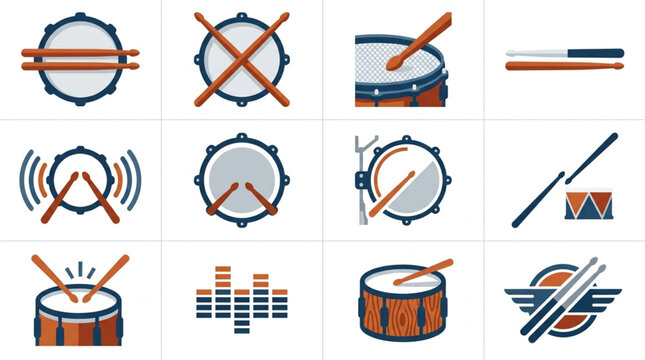 Colorful drum and percussion instrument icons set.