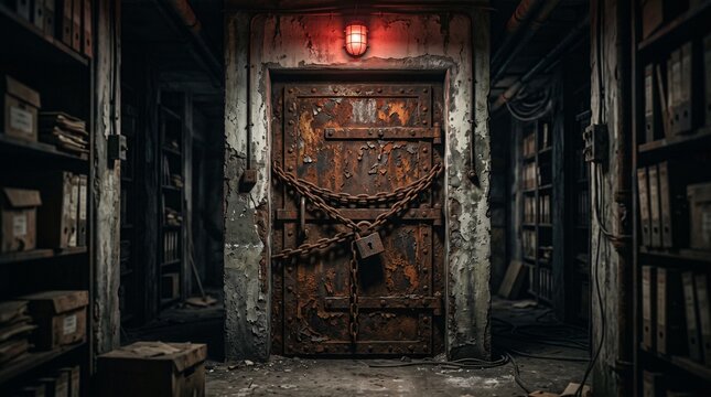 Photorealistic photo of a rusted steel door wrapped in chains in a dark archive hallway